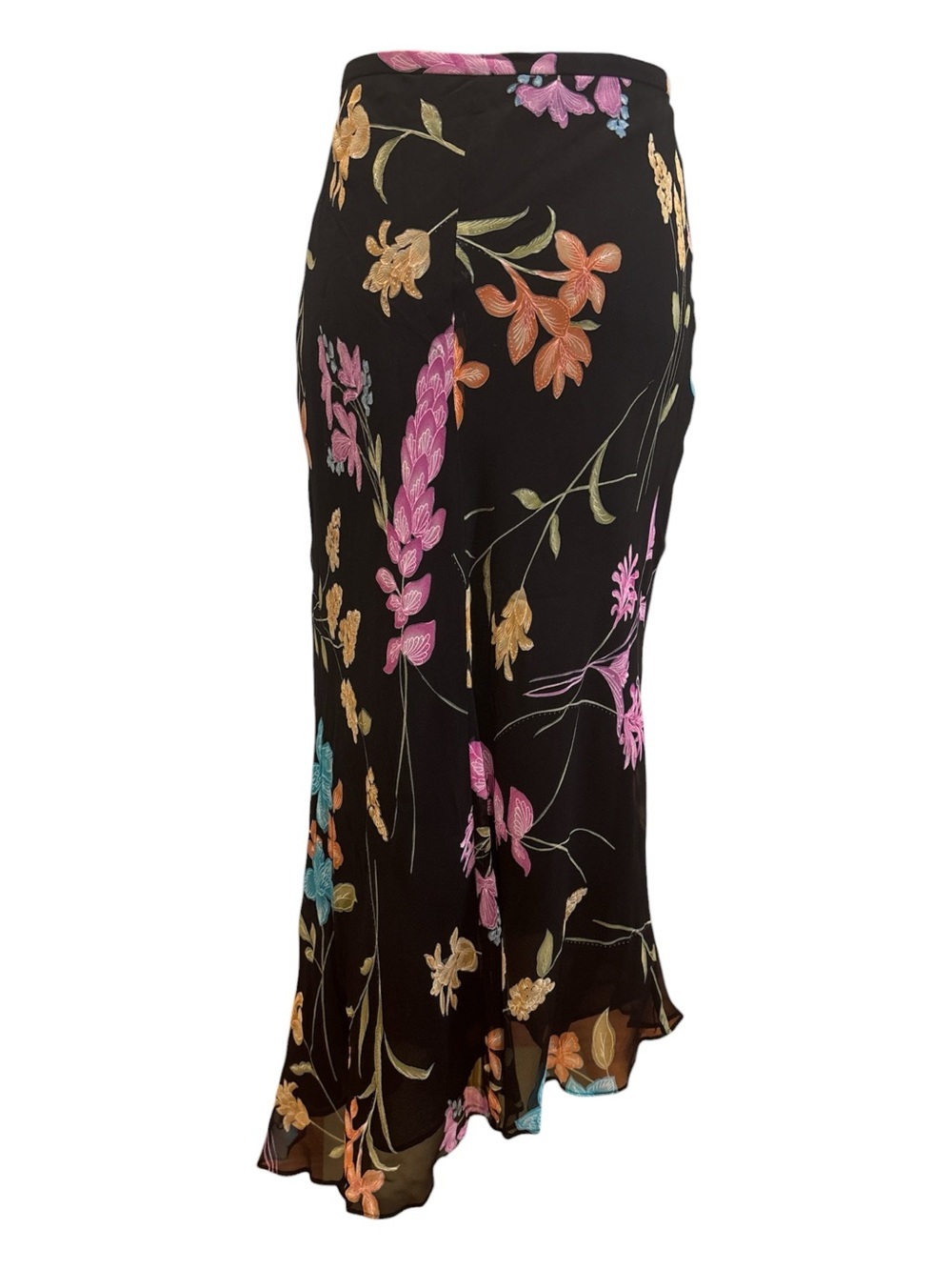VTG SPENSER JEREMY SILK BLACK FLORAL PRINT ASYMMETRIC LINED MIDI SKIRT SZ 12